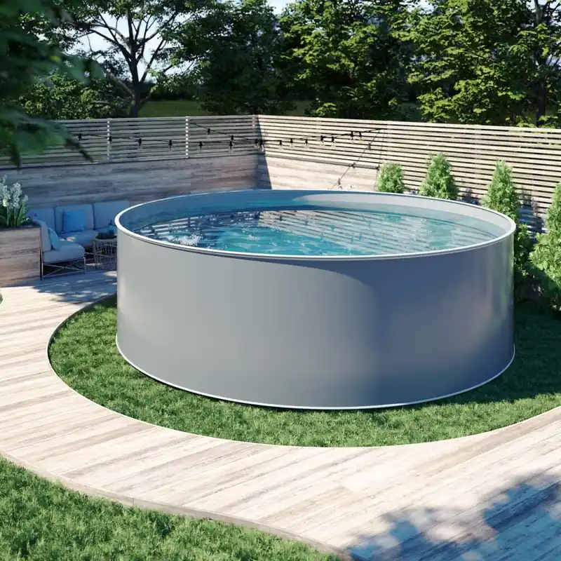 Schnäppchen Design-Pool rund, Ø 5,00 x 1,20 m, Stahlmantel anthrazit, Folie grau, Handlauf STYLE