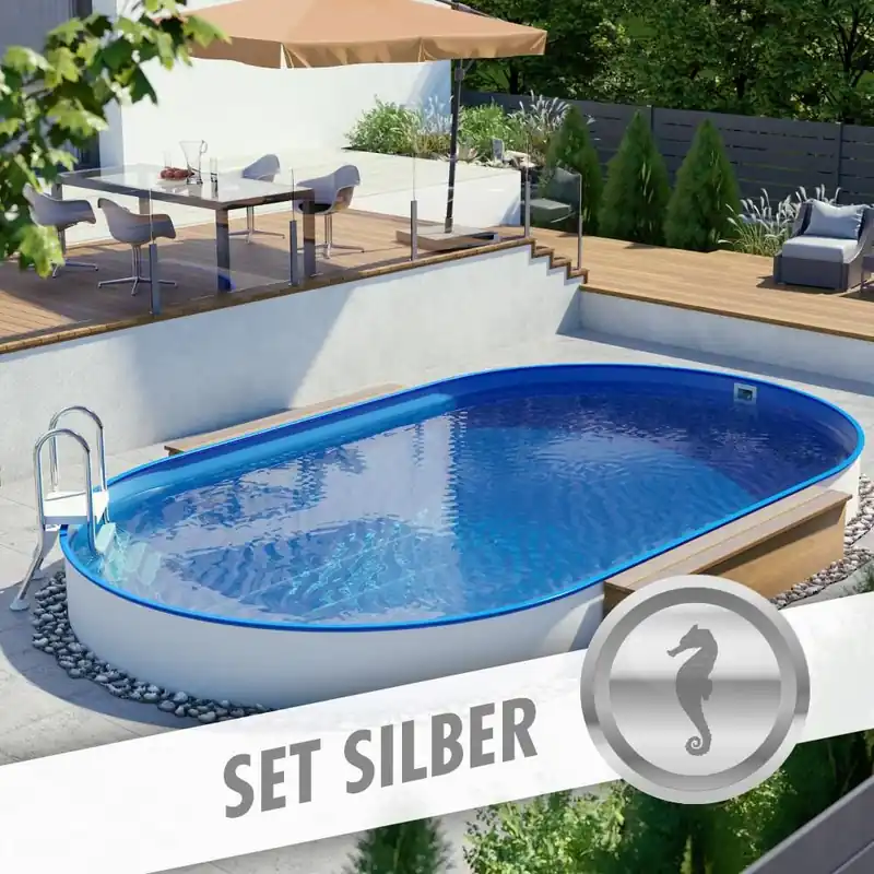 Bestseller Ovalpool-Set SILBER 4,90 x 3,00 x 1,20 m, Folie blau 0,80 mm, teileingelassen