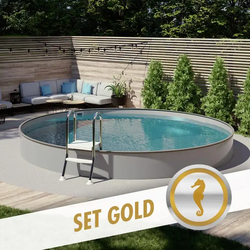 Abverkauf Rundpool-Set GOLD Ø 5,00 x 1,20 m anthrazit, Folie grau, teileingelassen
