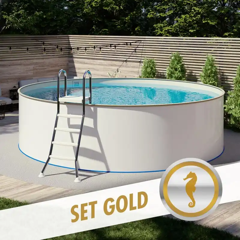 Schneller Versand Rundpool-Set GOLD Ø 4,00 x 1,35 m, Folie sand 0,80 mm, aufgestellt