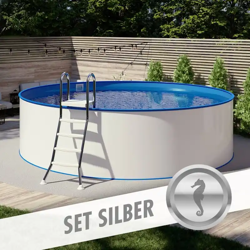 Schnäppchen Rundpool-Set SILBER Ø 5,00 x 1,35 m, Folie blau 0,80 mm, aufgestellt