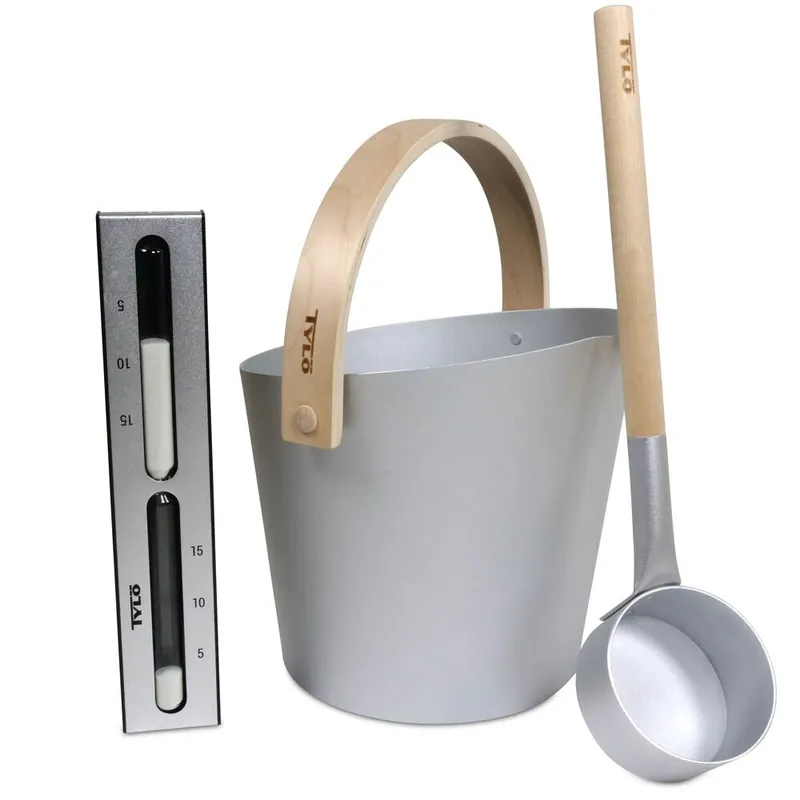 SET> Tylö Saunakübel, Kelle + Sanduhr Silver Grey (3-tlg.) Preisreduziert