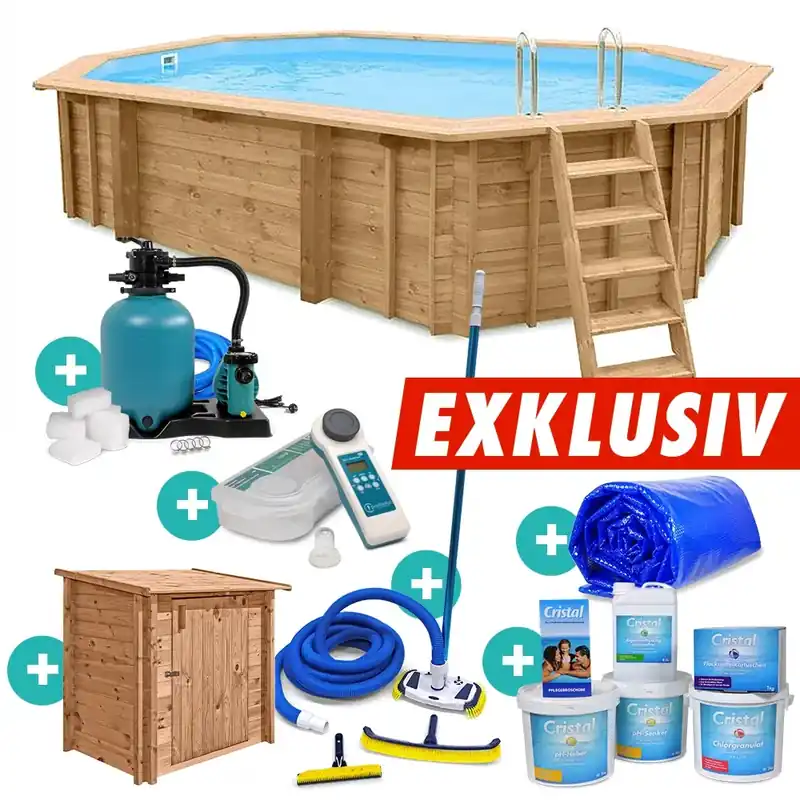 Angebot Holzpool Bali oval 8-Eck Massivholzpool Set "EXKLUSIV" 6,40 x 4,00 x 1,38 m