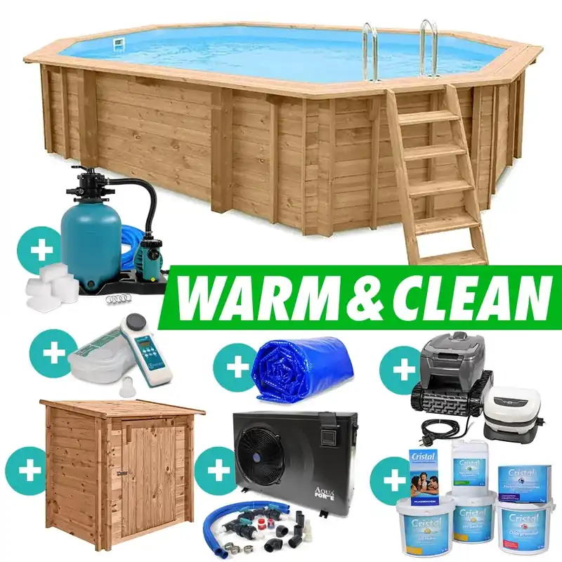 Top-Seller Holzpool Bali oval 8-Eck Massivholzpool Set "WARM & CLEAN" 6,40 x 4,00 x 1,38 m