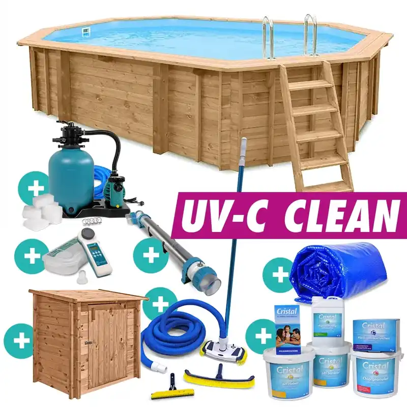 Abverkauf Holzpool Bali oval 8-Eck Massivholzpool Set "UV-C Clean"