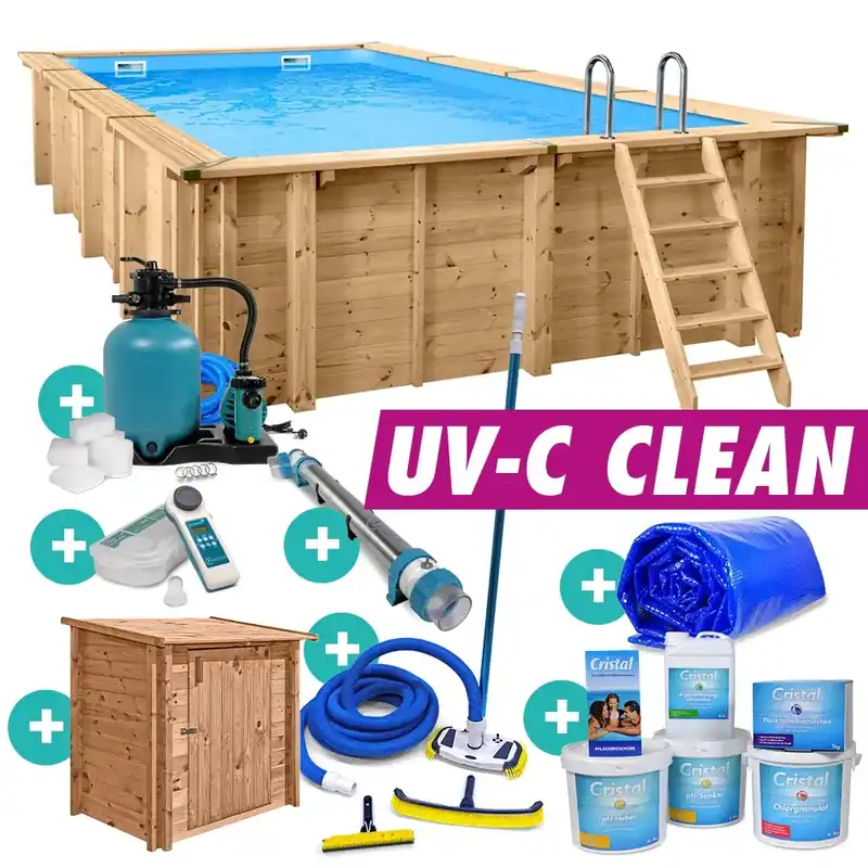 Geprüft Holzpool Bali rechteckig Massivholzpool Set "UV-C Clean"