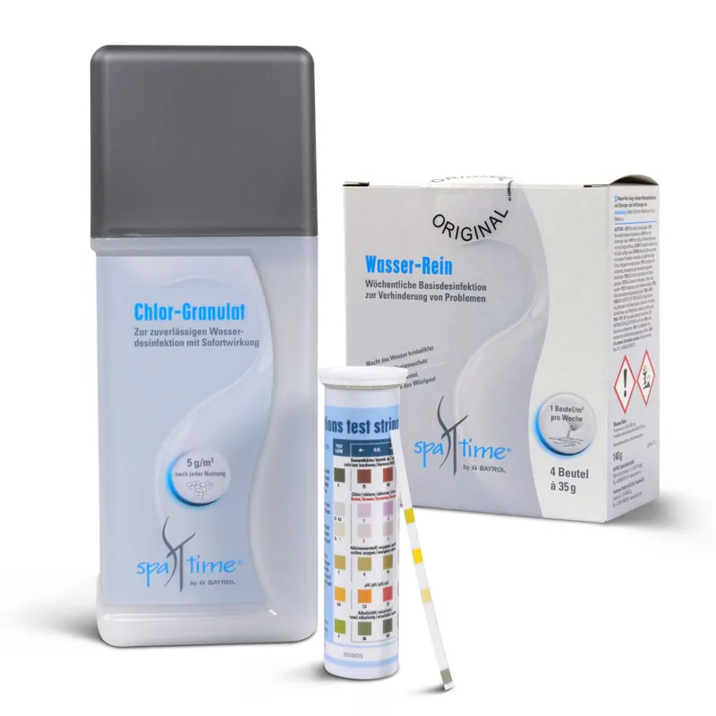 Neue Kollektion SET> SpaTime Chlor, Wasser-Rein + TestStrips 1,2 kg