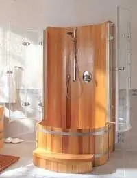 Duschkabine aus Western Red Cedar ohne Türe. Boden Kambala Sonderaktion