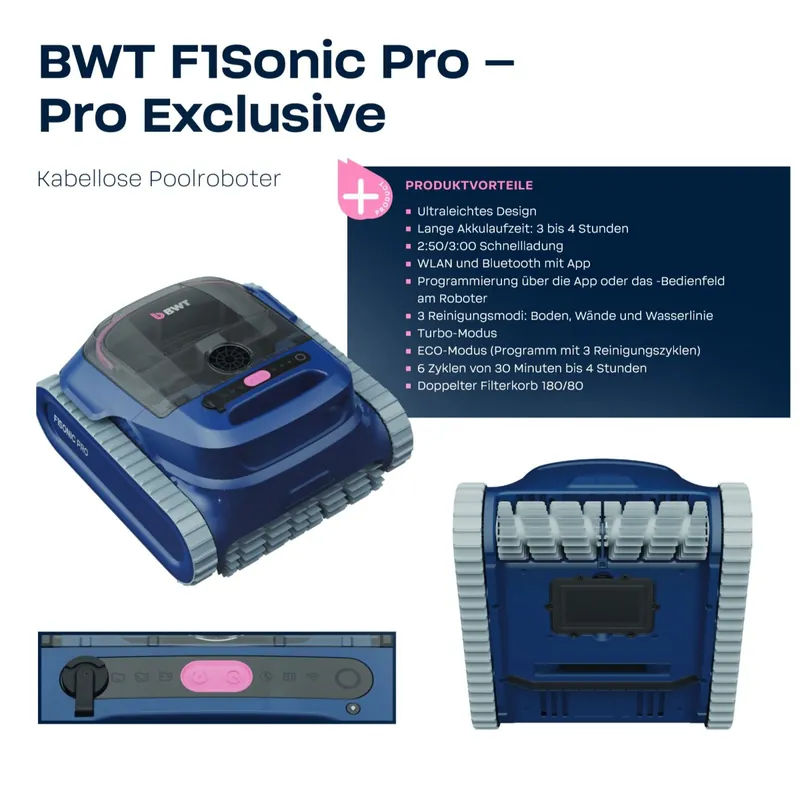 BWT F1 Sonic Pro Akku Poolroboter – Kabellos, 4h Laufzeit, Ultraschallsensor, App Sofort Bestellen