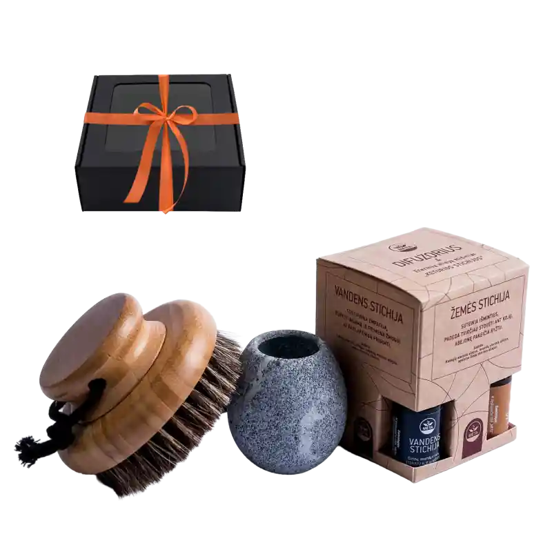 Geschenkset in einer Geschenkbox: Duftende Wärme. Ein Pinsel, ein Behälter für Duftstoffe und ätherische Öle. Schneller Versand