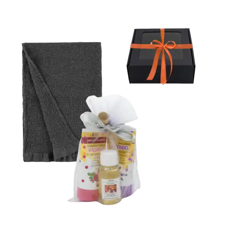 Jetzt Bestellen Damen-Geschenkset in einer Geschenkbox. Saunahonig, Saunaöl und Handtuch
