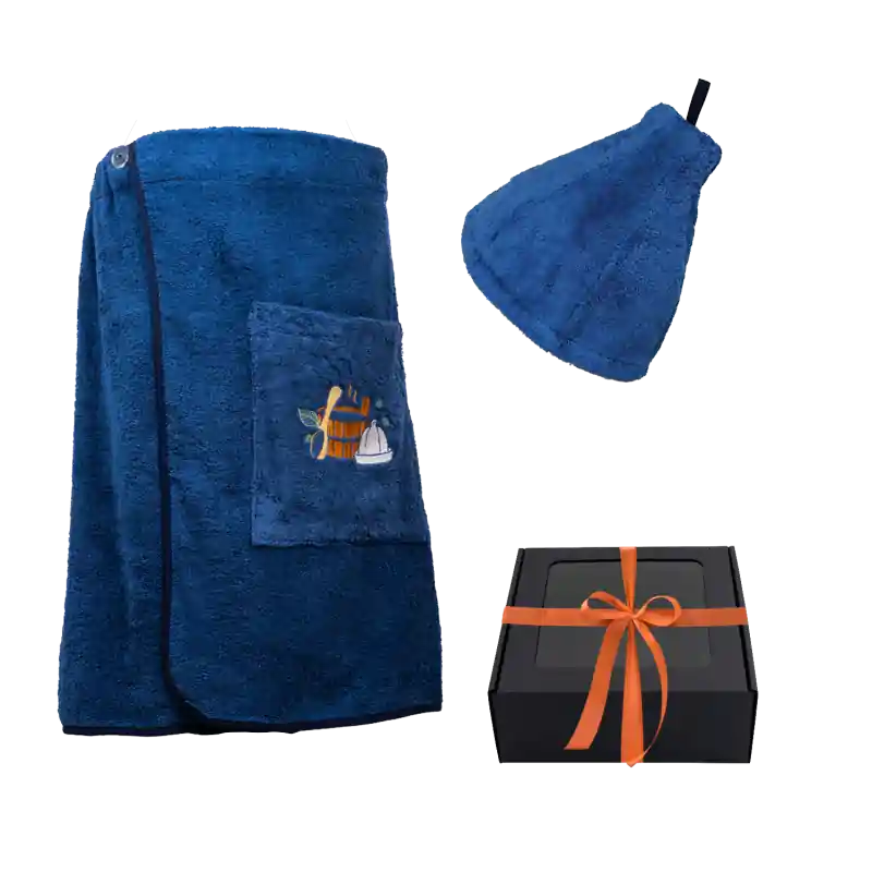 Geschenkset in einer Geschenkbox für IHN. Saunahaube und -schürze für Herren – BLAU Super-Preis