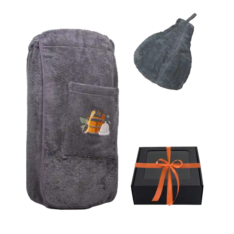 Top-Angebot Geschenkset in einer Geschenkbox für IHN. Saunahaube und -schürze für Herren – GRAU