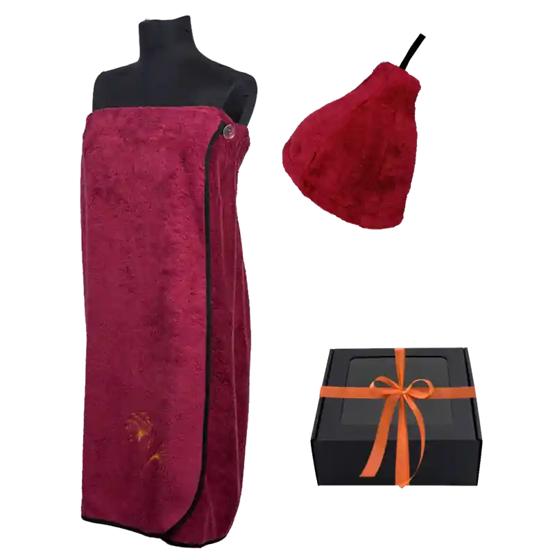 Geschenkset in einer Geschenkbox für SIE. Saunahaube und -schürze für Damen – BURGUNDER Billig