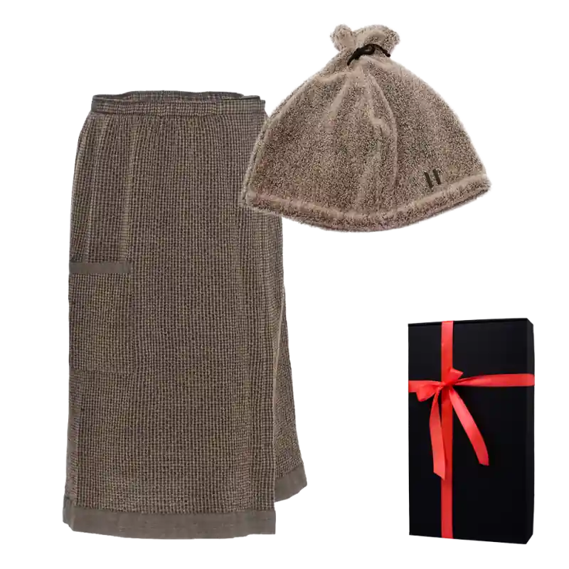 Geschenkset in einer Geschenkbox RENTO KENNO FOR HIM. Saunahaube und -schürze, braun Echt