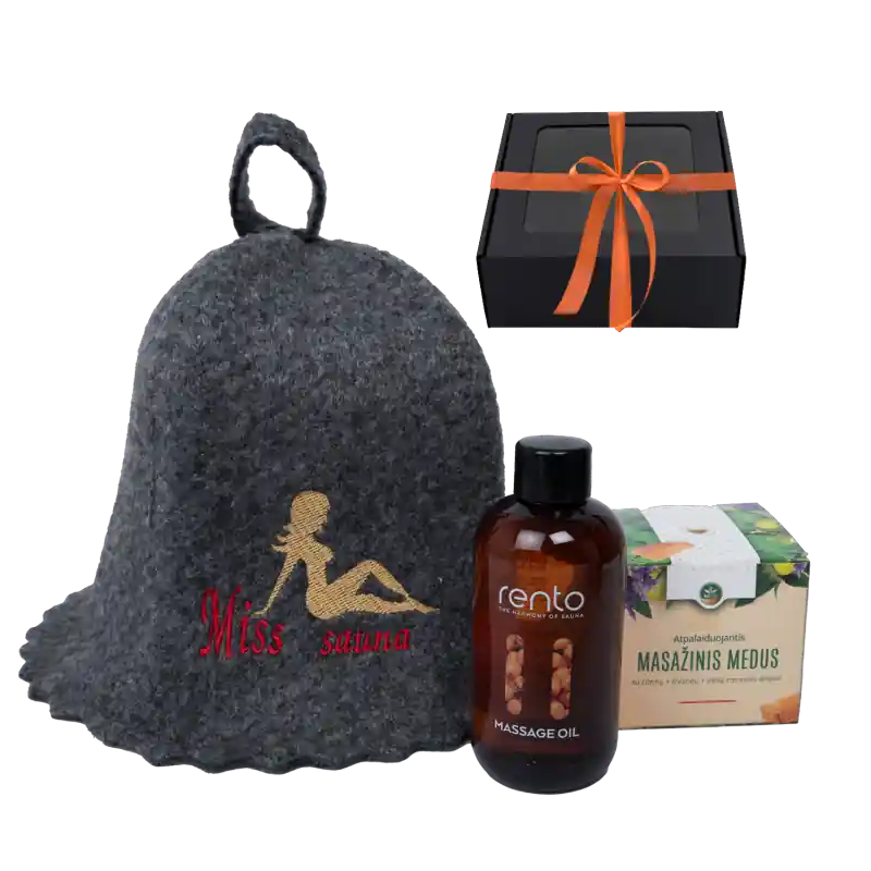 Markenware Geschenkset MISS SAUNA im Geschenkkarton. Saunahut, Massageöl und Honig