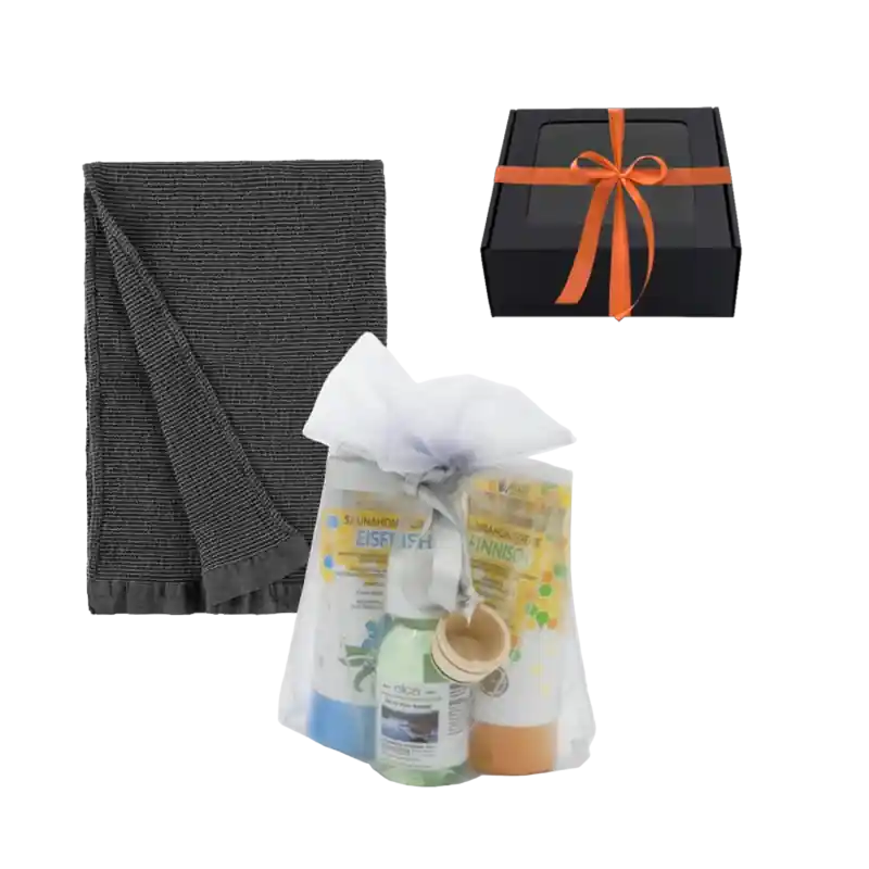 Herren-Geschenkset in einer Geschenkbox. Saunahonig, Saunaöl und Handtuch. Wochenendangebot