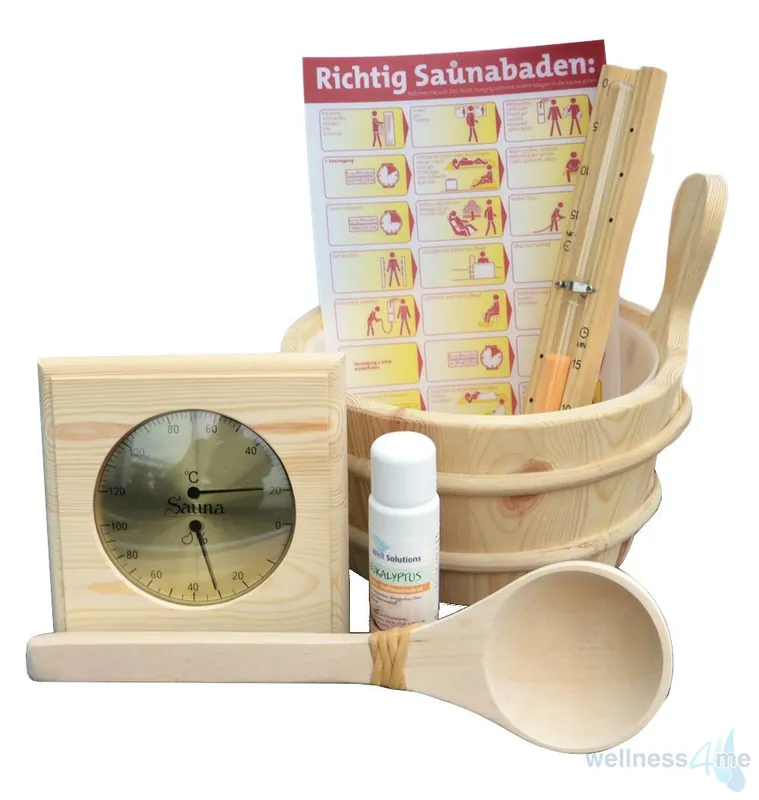 Sauna Zubehörset 6-teilig | Saunakübel, Kelle, Thermometer, Sanduhr, Aufgusskonzentrat Mega-Angebot