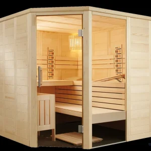 Neu Saunakabine Alaska Corner Infra mit Infrarot Strahler | 206L x206B x202H cm | Massivholzsauna