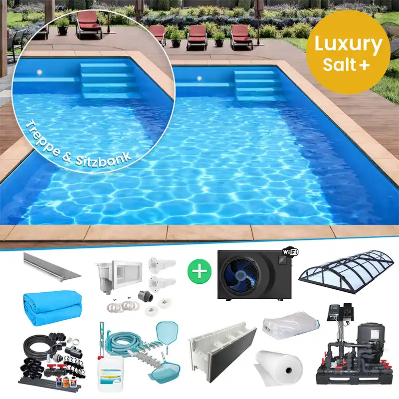 Wochenendangebot IQ Styroporpool Rechteckpool mit Sitzbank & Treppe 600 x 300 x 150cm Luxury Salt + blau rechts